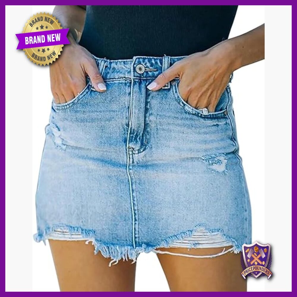 Mid Waist Zipper Closure Ripped Raw Hem Denim Mini Skirt